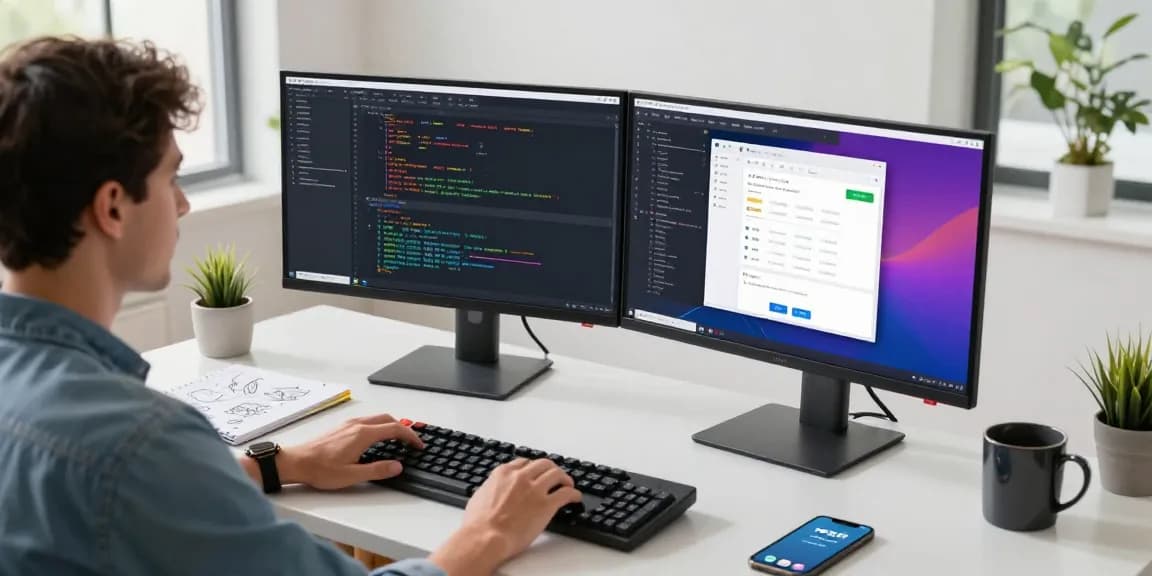 Download Telegram in a modern workspace with a developer coding on dual monitors and tech gadgets.