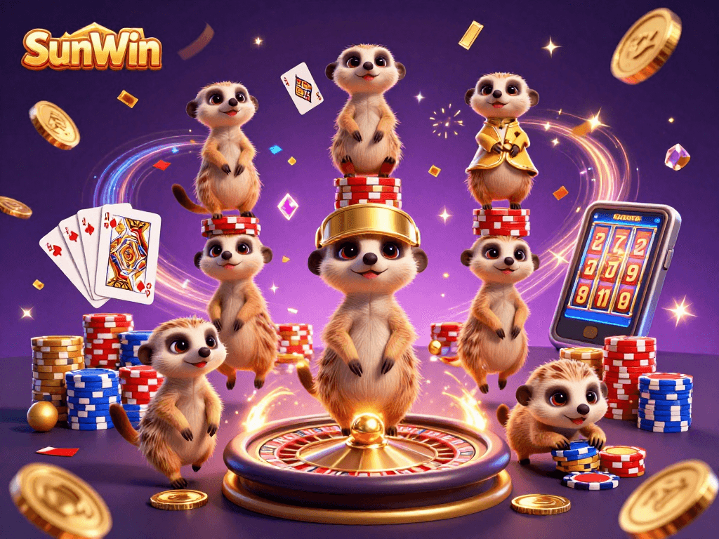 Experience SunWin's thrilling casino world with meerkats running the show, showcasing vibrant gaming action.