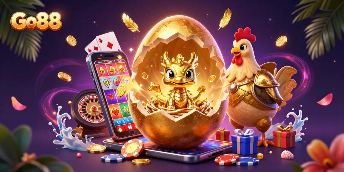 Experience the thrill of Go88 with a dazzling golden dragon atop poker chips in this vibrant casino scene.