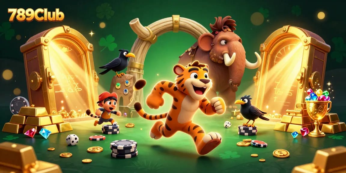 Experience the excitement of 789Club, a vibrant casino illustration with cavemen and treasures.