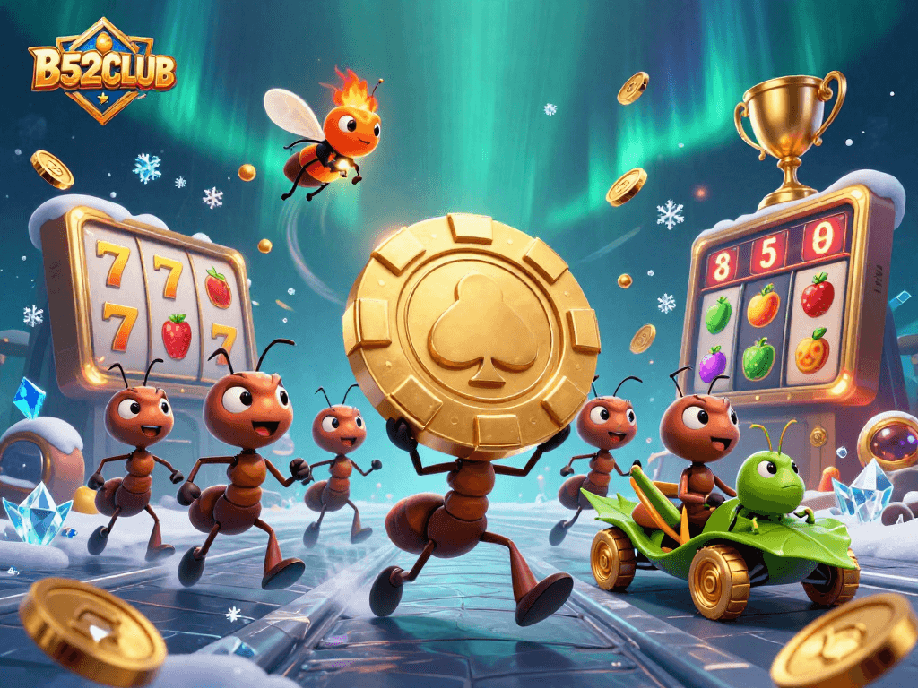 Experience the thrill of gaming at B52CLUB with animated characters in a vibrant heist scene.