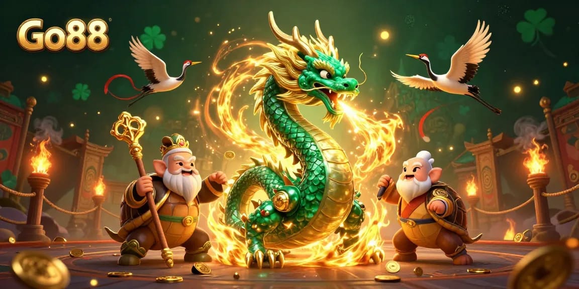 Experience Go88's thrilling gaming universe with a vibrant dragon and turtle sage illustration.