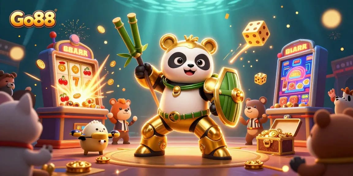 Experience the vibrant Go88 action with a golden panda and an exciting jackpot scene.