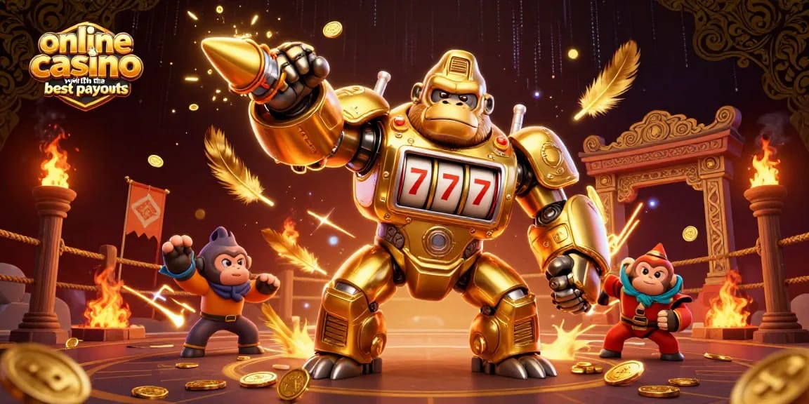 Experience the thrill of the online casino with the best payouts through our golden gorilla mech and dynamic casino elements.