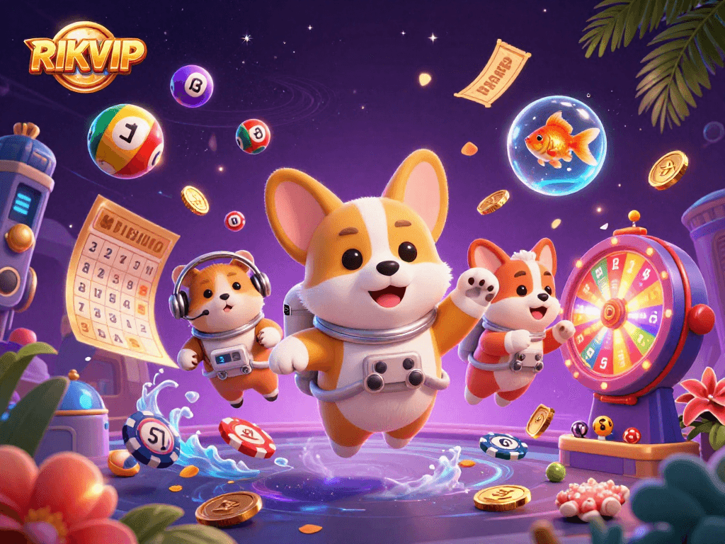 Engage with RIKVIP's thrilling gaming universe through playful astronauts and exciting lottery elements.