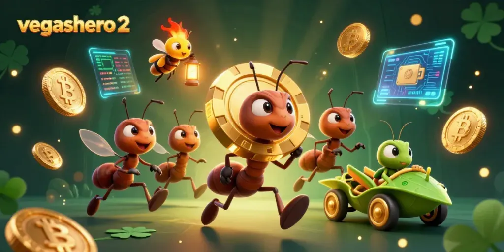 Engage with vegashero 2 in this vibrant casino illustration showcasing a heist by a team of animated ants.