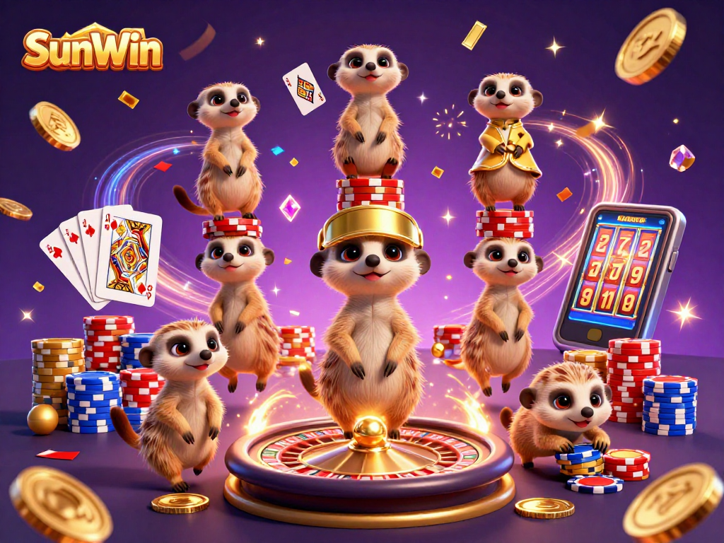 Experience SunWin's thrilling casino world with meerkats running the show, showcasing vibrant gaming action.