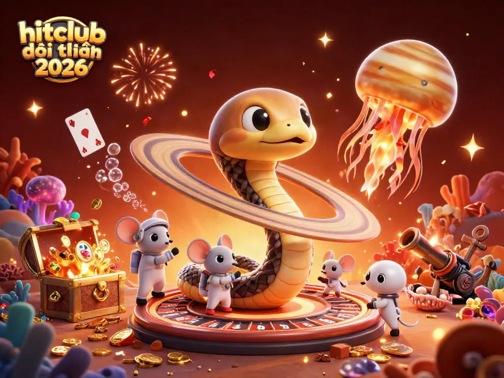 Experience the excitement of hitclub đổi thưởng 2026 with astronauts and a cosmic dealer in a vibrant casino scene.