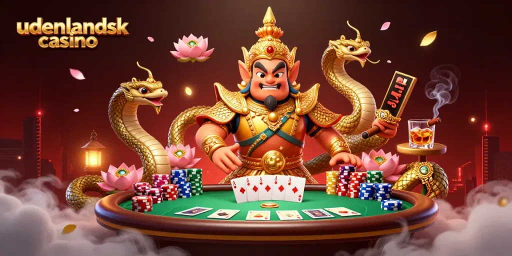 Experience the excitement of udenlandsk casino with a dynamic gambling scene showcasing colorful poker elements.