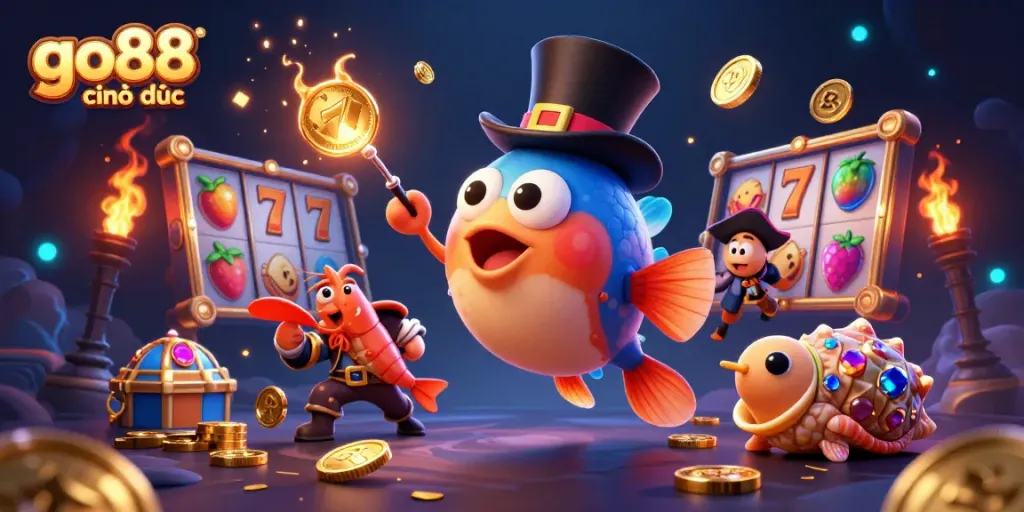 Engage with go88 chính thức showcasing delightful 3D characters attracting coins through slot games.