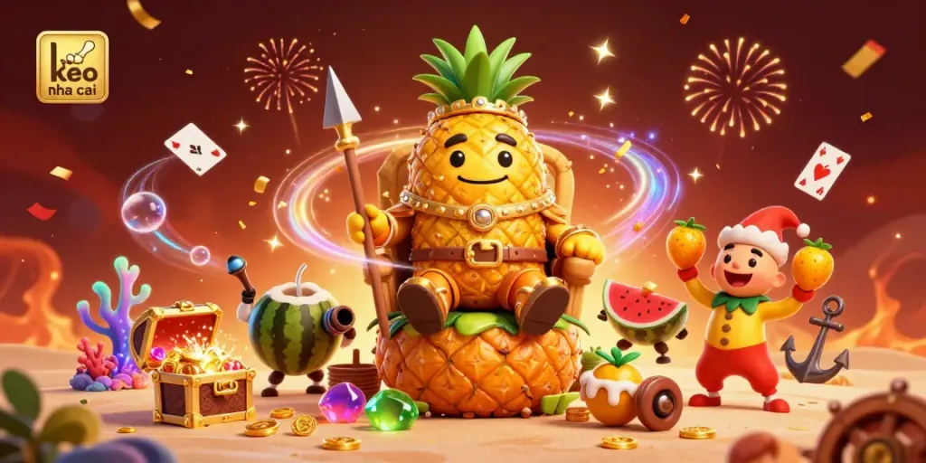 Engage in the excitement of keo nha cai with our vibrant, detailed casino illustration featuring an animated pineapple king.