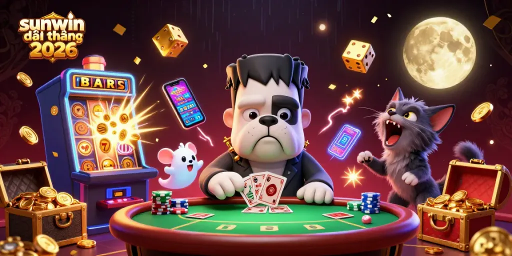 Engage in thrilling games with sunwin đổi thưởng 2026 featuring a cartoon bulldog dealer and a ghost mouse.