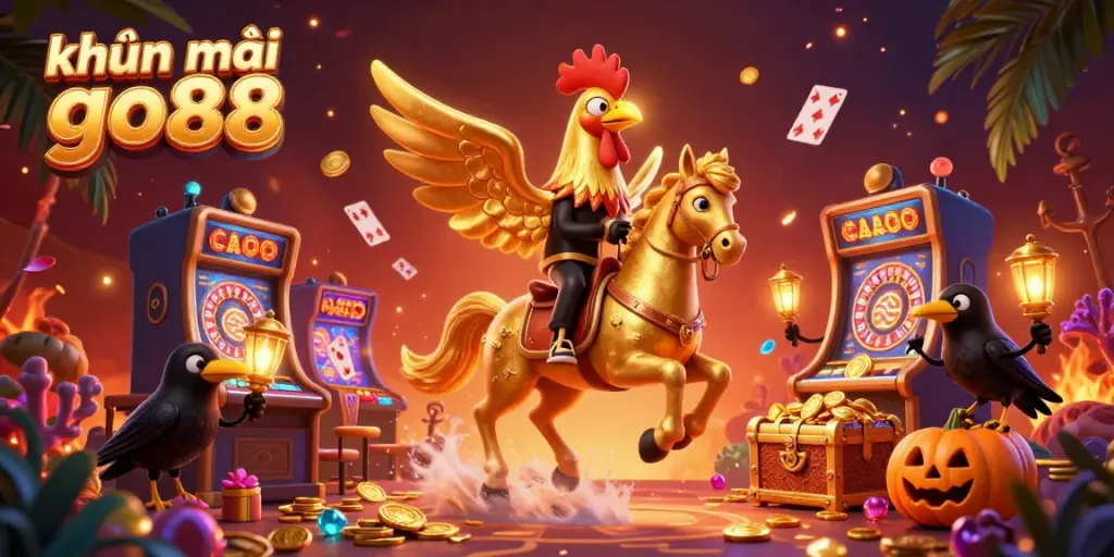 Enjoy vibrant khuyến mãi go88 gaming promotions with a golden rooster and treasures in a lively casino.