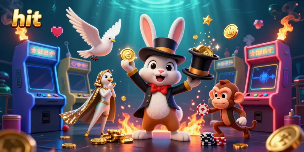 Engaging illustration of a hit-themed casino scene featuring a magician rabbit, dove, and monkey with vibrant game elements