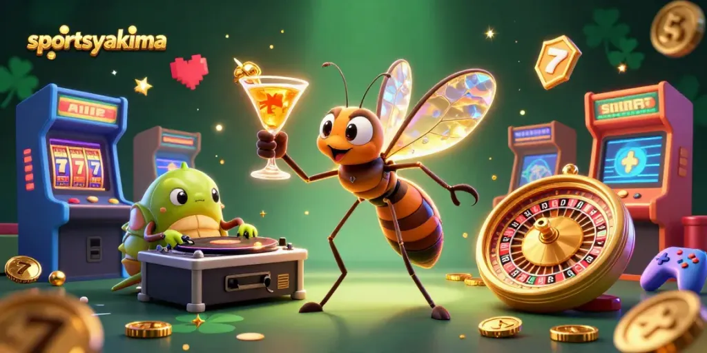 Join the excitement with sportsyakima's unique casino scene featuring iconic gaming elements and vibrant characters.