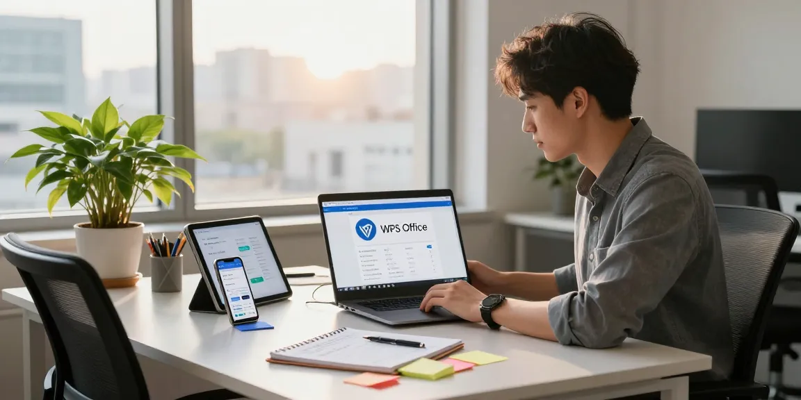 Download WPS Office software in a modern office with multiple devices.