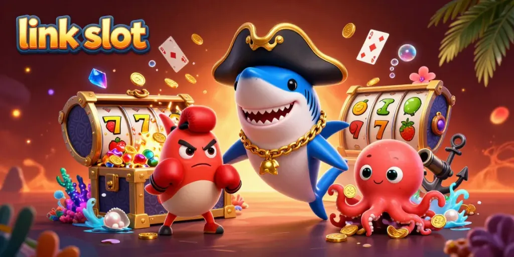 Play fun link slot games with a colorful scene featuring casino symbols and characters.