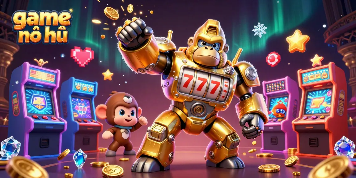 Engage with game nổ hũ through an exciting 3D illustration featuring a golden gorilla mech and vibrant casino elements.