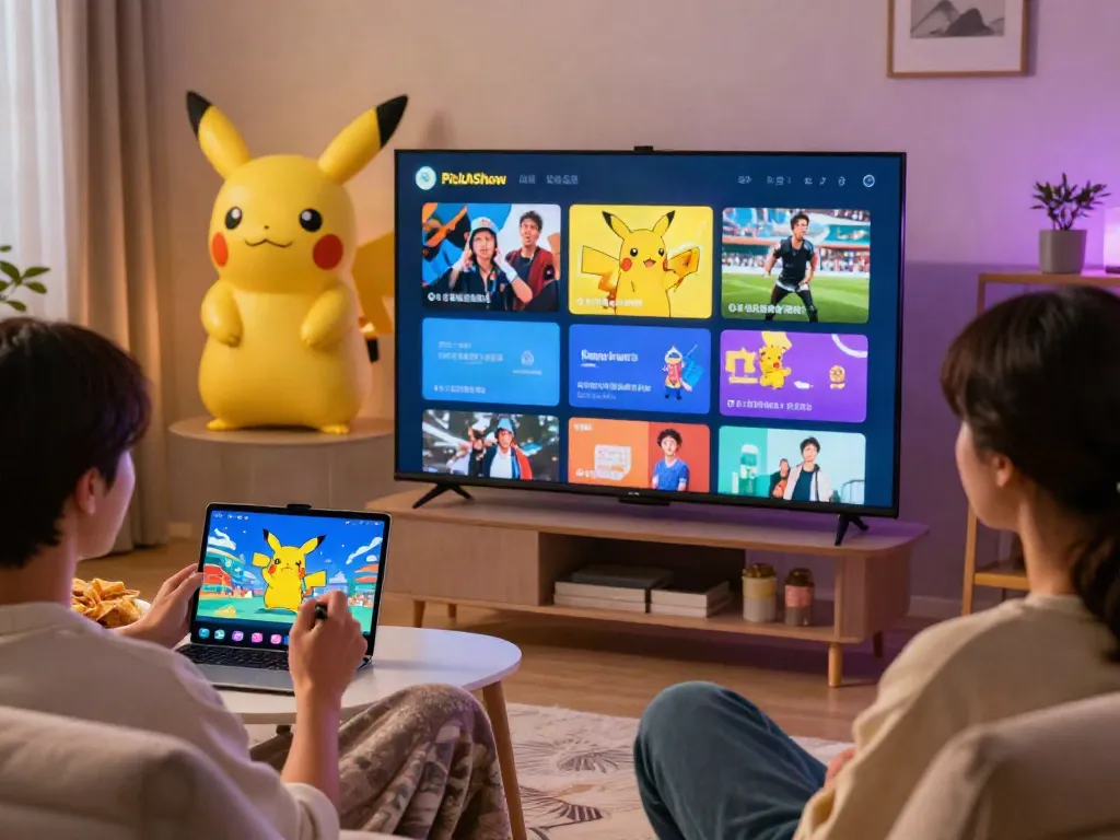 Using the PickAShow Pikachu App for streaming movies and live sports in a cozy living room setting.