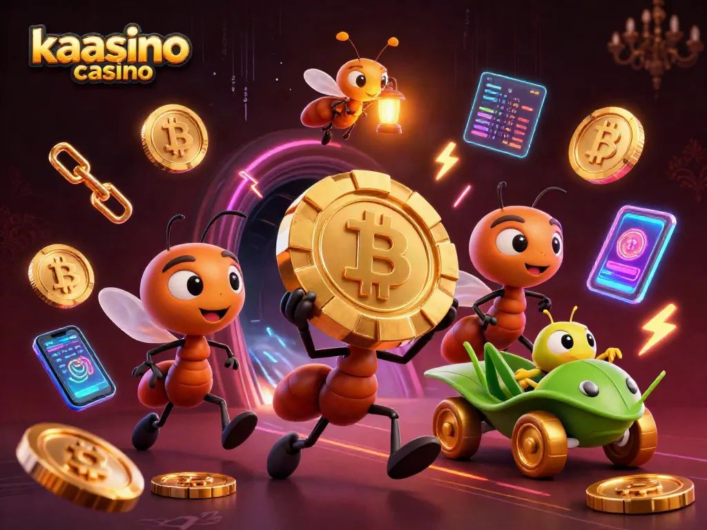 Engage in thrilling gameplay with kaasino casino's vibrant 3D cartoon heist scene featuring ants and crypto elements.