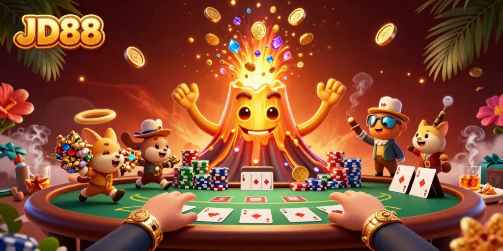 JD88 ignites excitement with a golden volcano and explorers in a vibrant casino scene.