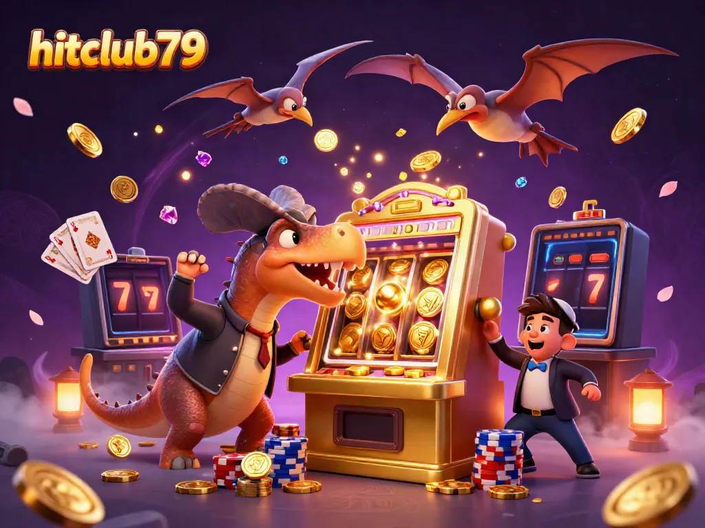 Experience thrilling jackpots at hitclub79, where a 3D cartoon pachycephalosaurus triumphs over a golden slot machine.