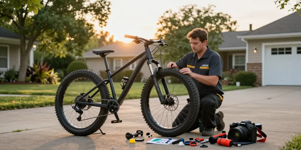 Een fatbike monteur inspecteert fatbike onderdelen bij een klant thuis, met gereedschap en onderdelen om hem heen.