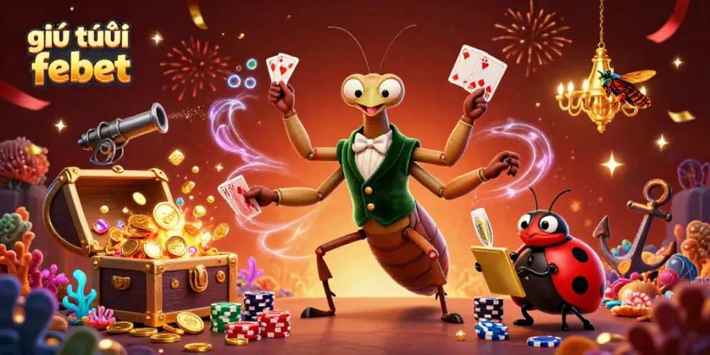 Experience the vibrant essence of giới thiệu febet with a dynamic casino scene featuring a giant mantis dealer and lively game elements.