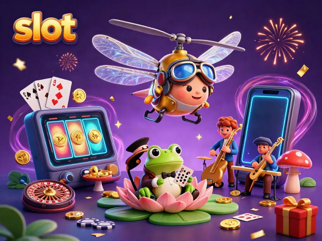 Engaging slot game scene with a dragonfly pilot, frog croupier, and jazz musicians, showcasing vibrant casino elements.