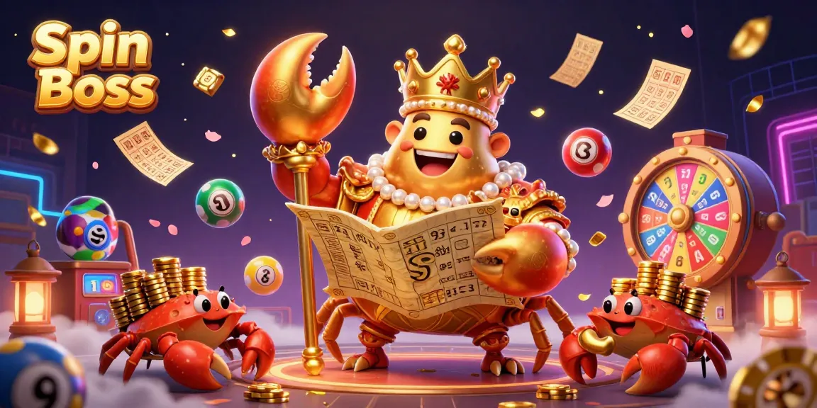 Experience the excitement at Spin Boss Casino with a vibrant, dynamic 3D illustration featuring a golden crab emperor amidst gambling elements.