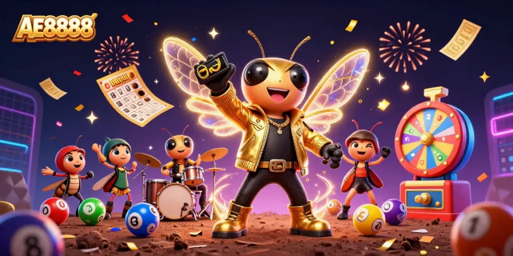 Experience excitement with AE8888's dynamic casino scene featuring cartoon characters and lottery action.