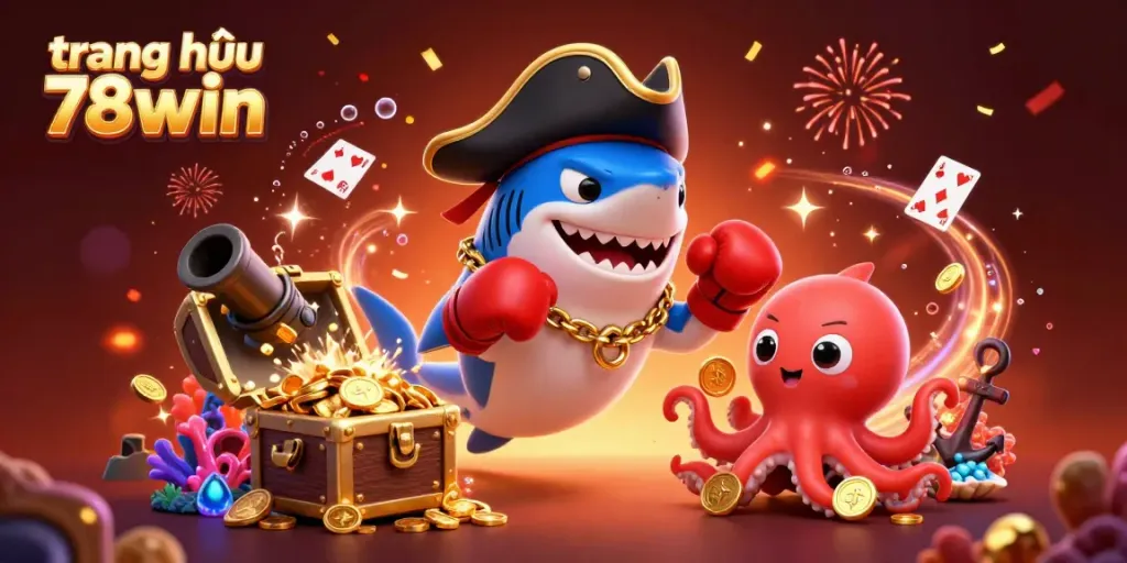 Engaging scene of trang chủ 78win featuring a pirate shark, pufferfish, and octopus collecting coins in a vibrant underwater casino.