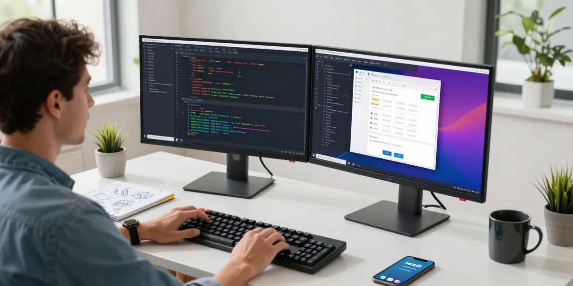 Download Telegram in a modern workspace with a developer coding on dual monitors and tech gadgets.