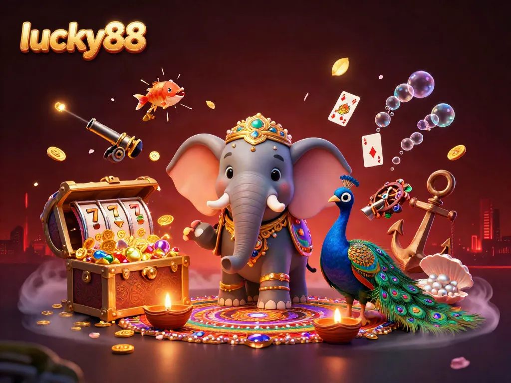 Experience the excitement at lucky88 with vibrant illustrations of jackpots, treasures, and casino elements.