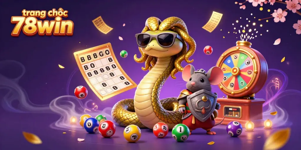Engage in thrilling games on the trang chủ 78win with vibrant elements from a lottery scene, featuring dynamic characters.