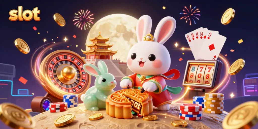 Experience vibrant slot excitement as a Chinese moon rabbit reveals poker chips, surrounded by cascading coins and festive elements.