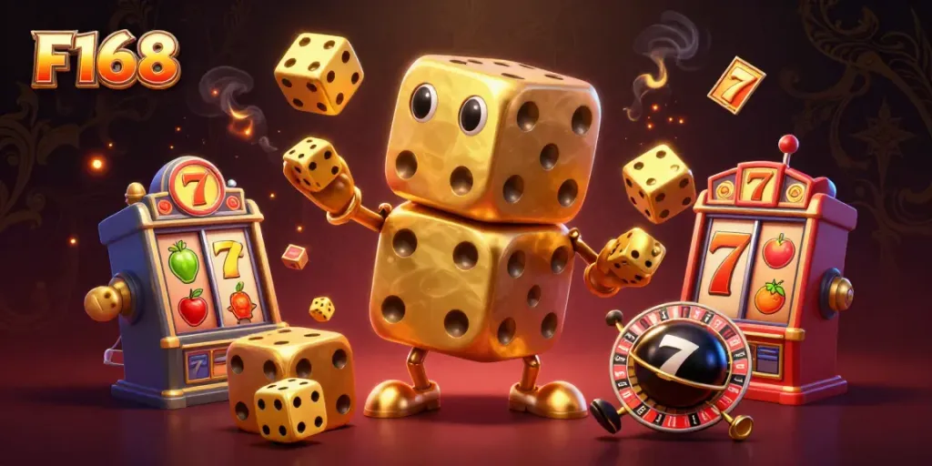 Spin the reels and win with F168's vibrant golden dice and thrilling slot elements in this captivating scene.