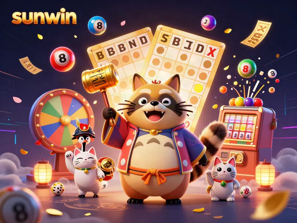 Enjoy vibrant sunwin-themed gaming fun with fortune cats, colorful lottery balls, and cheerful characters.