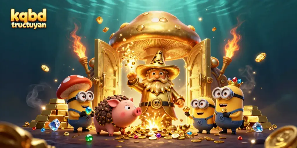 Engage with kqbd tructuyen through a magical illustration of a wizard and treasures in a casino setting.