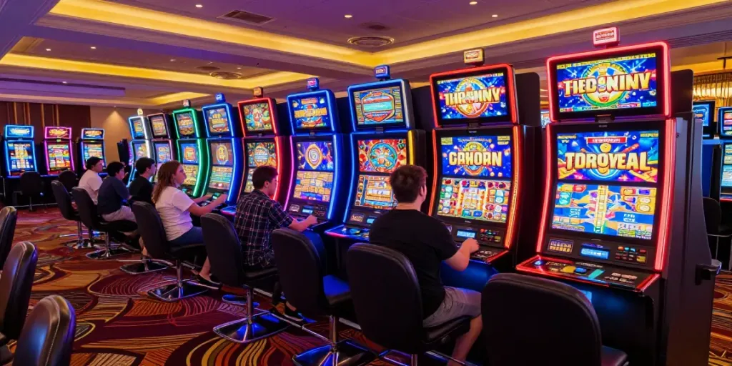 Slot mesin yang ramai dengan pemain bersemangat dan cahaya berpijar, suasana kasino yang meriah.