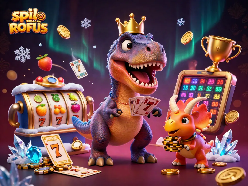 Experience the thrill of spil casino uden om ROFUS with a fun T-Rex and friends in a vibrant casino scene.