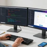 Download Telegram in a modern workspace with a developer coding on dual monitors and tech gadgets.