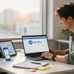 Download WPS Office software in a modern office with multiple devices.